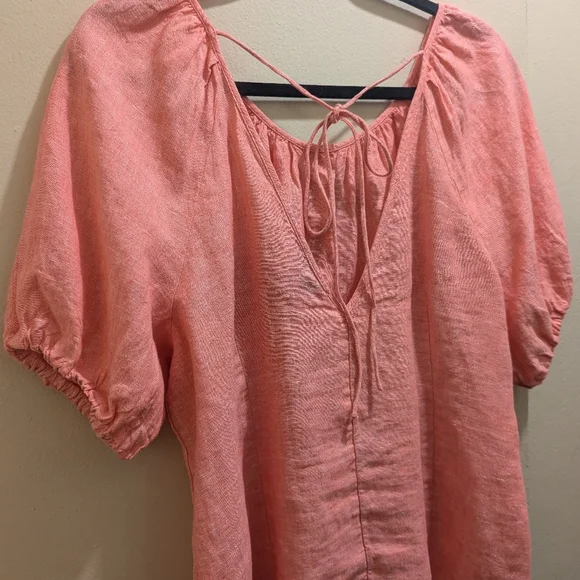 J Crew V-back Linen Top Blouse Pink Puff Short Sleeves Back Tie Button Front- 14 - Picture 7 of 12